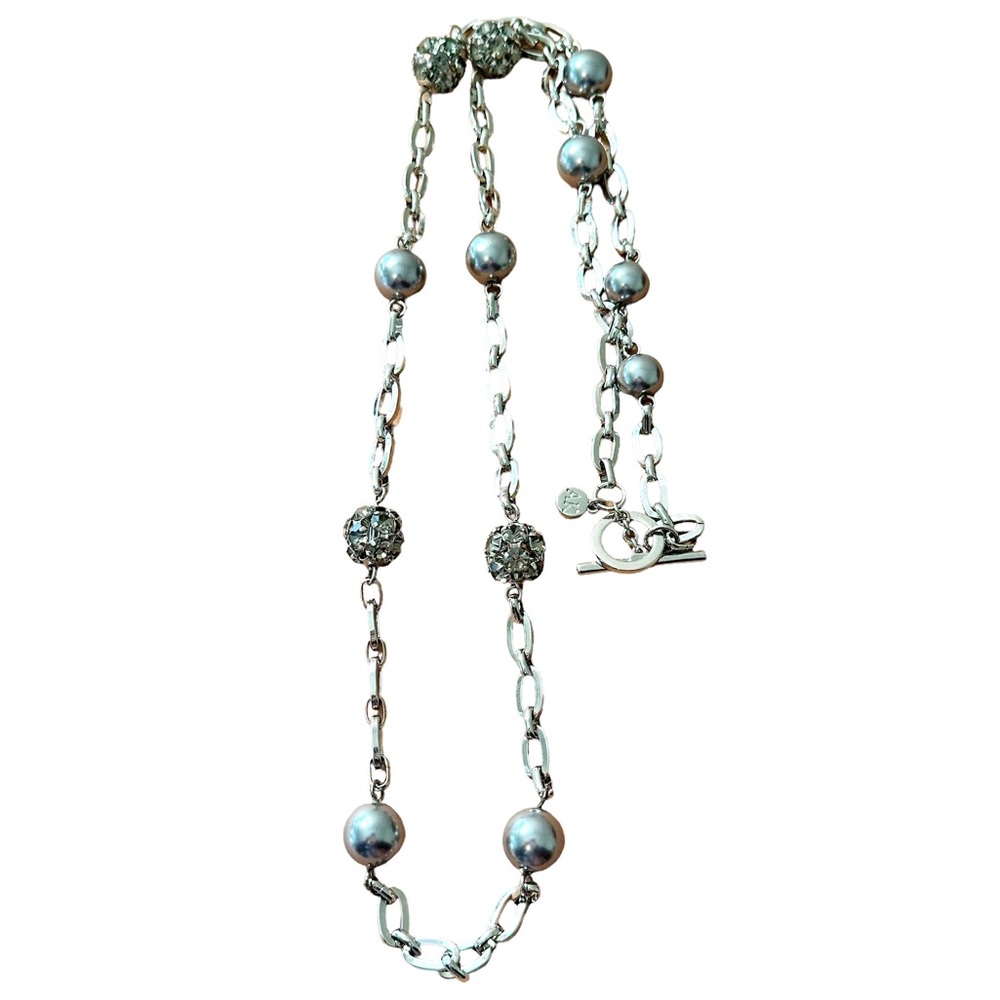 Anne Klein Silver Tone Faux Pearl Rhinestone Bead Long Chain Necklace
